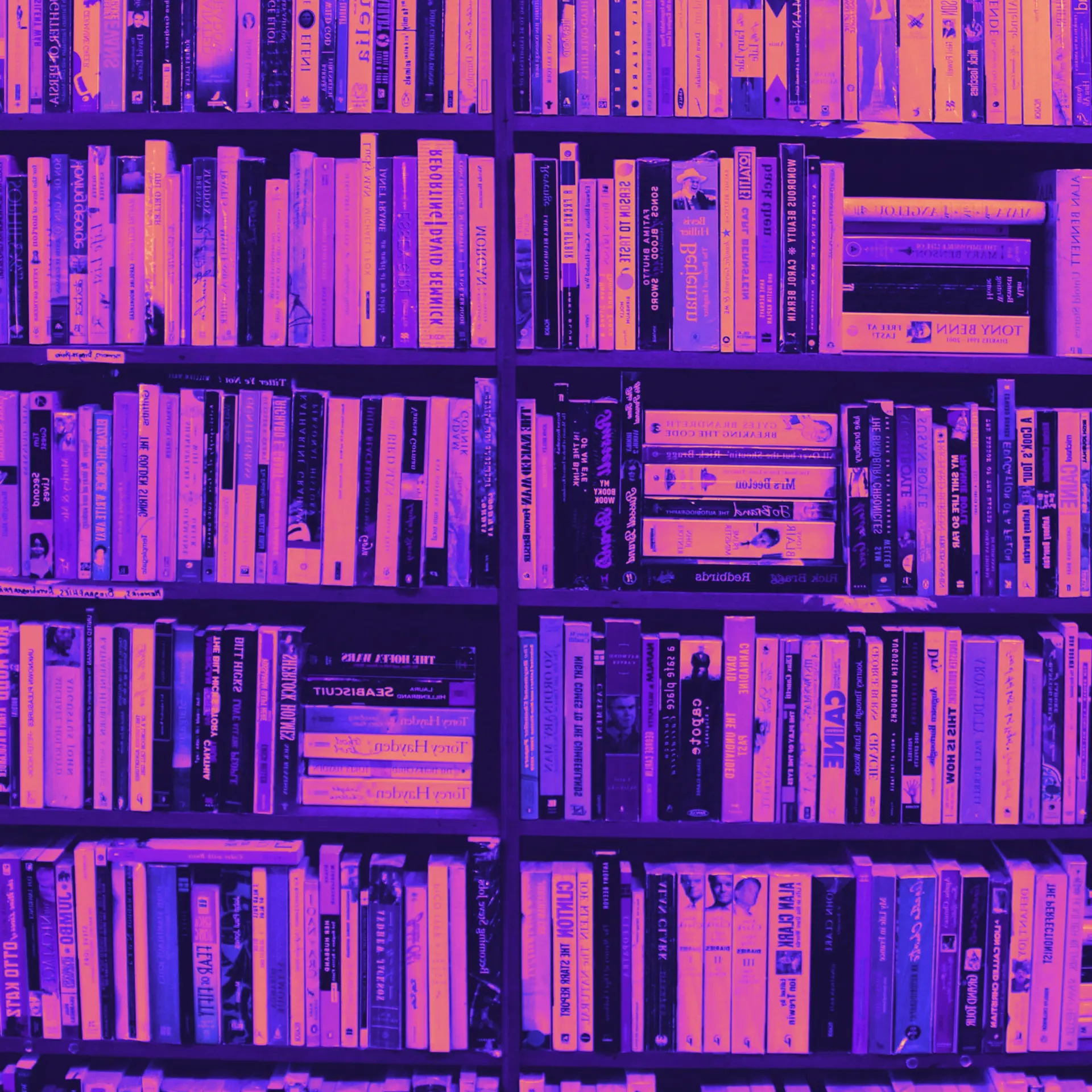 A densely packed bookshelf of books, tinted purple and glowing pink