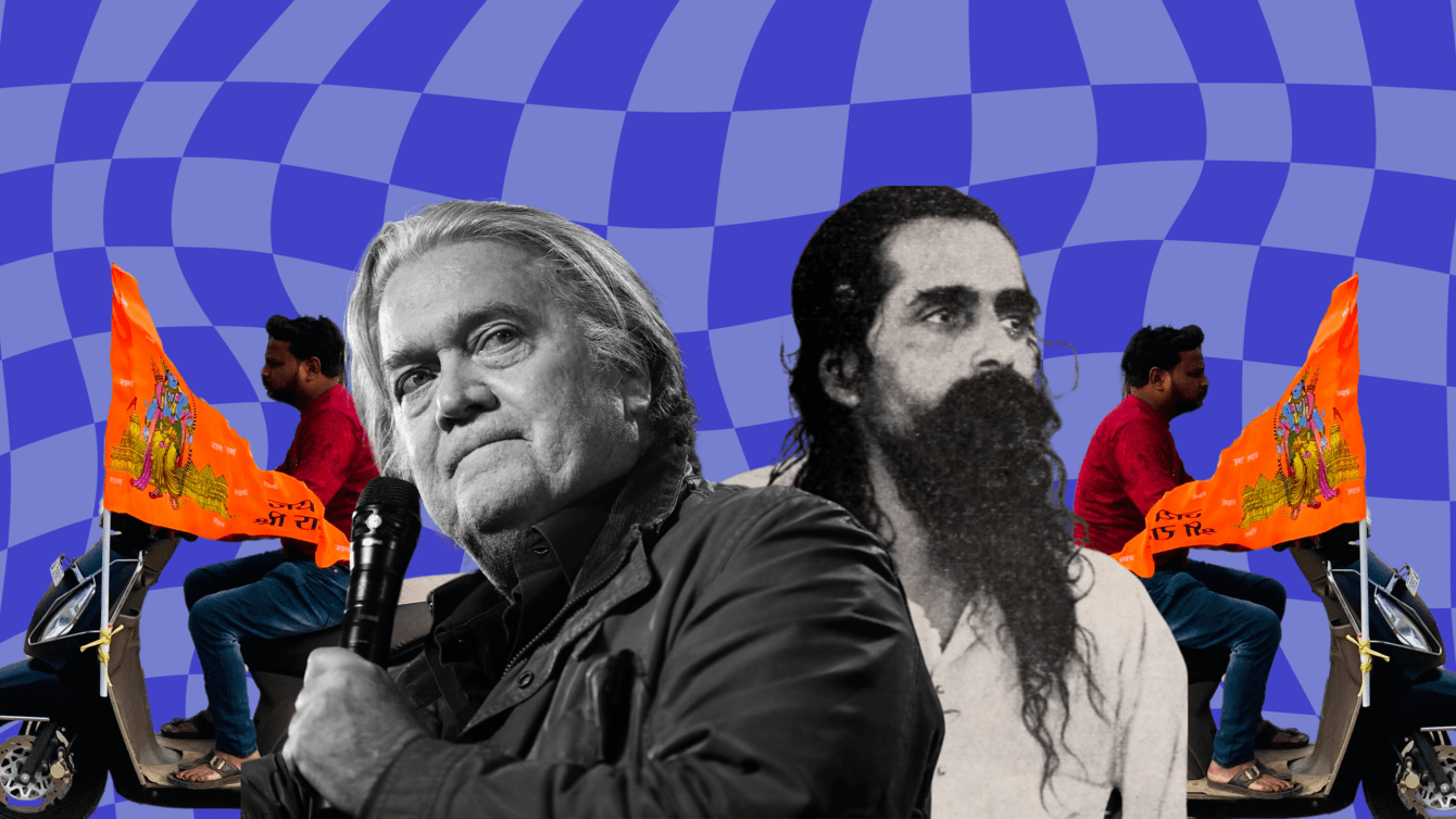Collage featuring Steve Bannon, Hindu nationalist figures, and orange flags