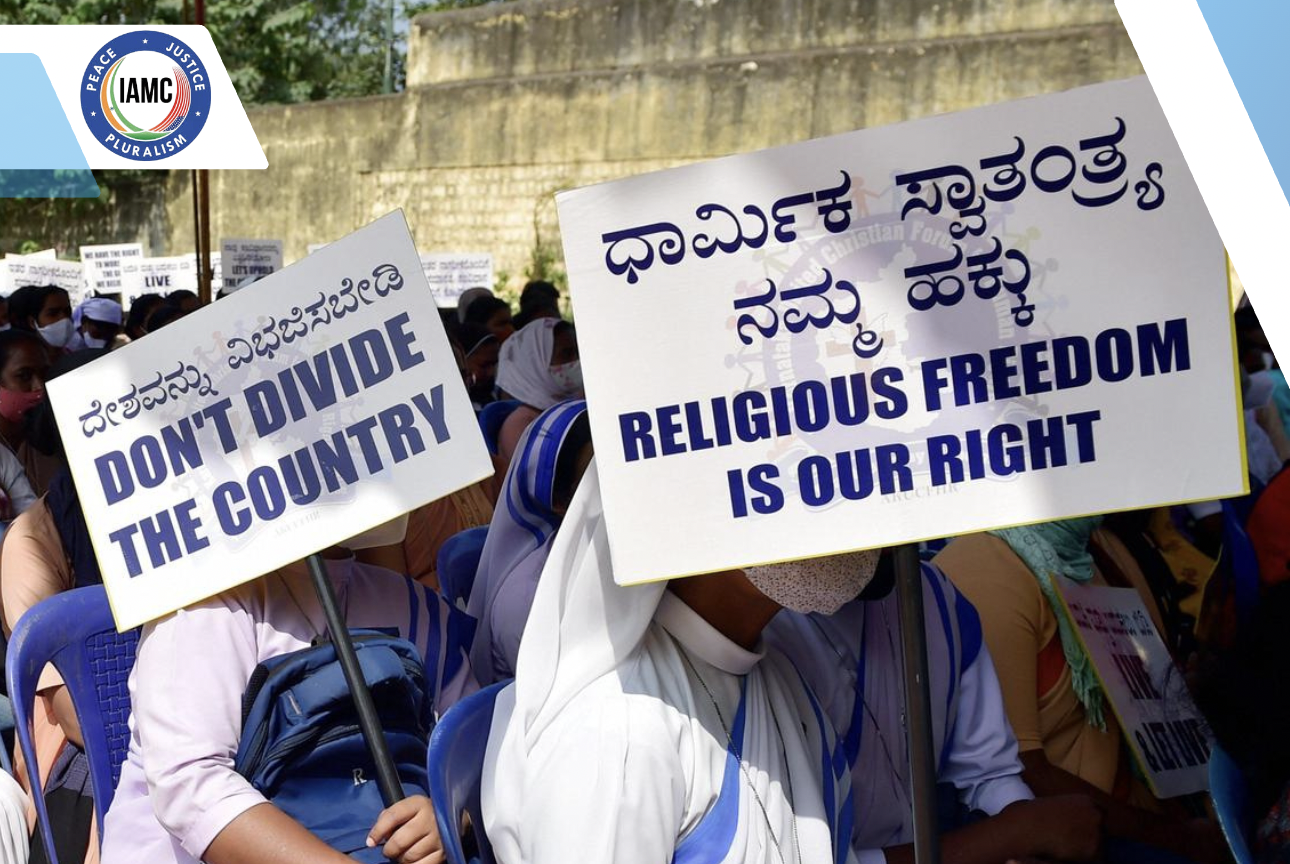 Protesters holding signs supporting religious freedom